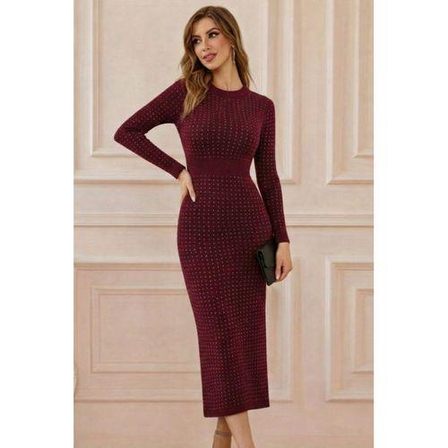 Kadın Uzun Kollu Bisiklet Yaka Taşlı Midi Kadife Elbise