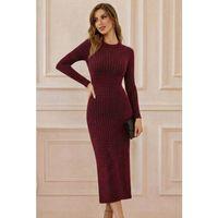 Kadın Uzun Kollu Bisiklet Yaka Taşlı Midi Kadife Elbise