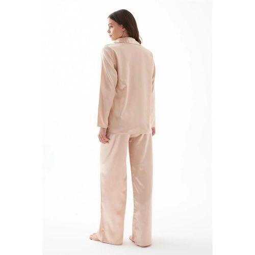 Kadın Bej Oversize Saten Pijama Takımı – Rahat Kesim Şık Ev Giyim Seti