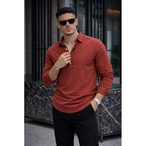 Yarım Pat Yakalı York Pamuk Kumaşlı Uzun Kollu Erkek Gömlek - Koyu Kahve