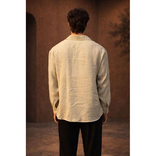 Sartre Apaş Yaka Tek Cepli İnce Modal Kumaş Oversize Uzun Kollu Yazlık Gömlek - Bej