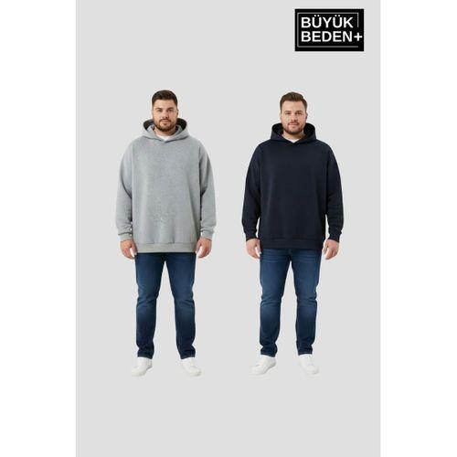 Erkek Büyük Beden 2  li Set Kapşonlu Kollar Ve Etek Ribanalı ince Swatshırt SPR26BSW957+2