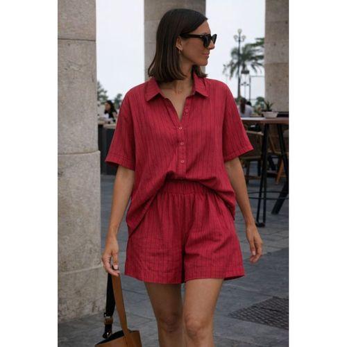 Kadın Kısa Kollu çizgili Modal Kumaş Gömlek Ve Yüksek Bel Lastik Detay şort Ikili Takım