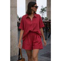 Kadın Kısa Kollu çizgili Modal Kumaş Gömlek Ve Yüksek Bel Lastik Detay şort Ikili Takım