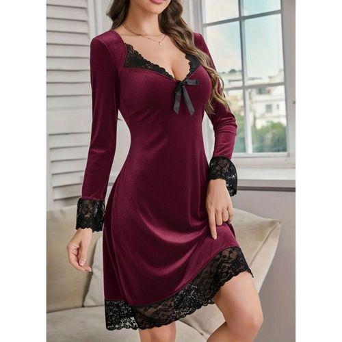Kadın Uzun Kollu V Dantel Yakalı Mini Kadife Elbise