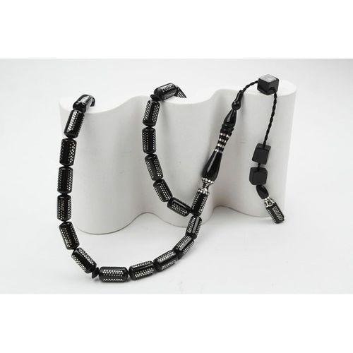 Oltu Taşı  Boru Kesim Kilim Desen İşlemeli Tespih