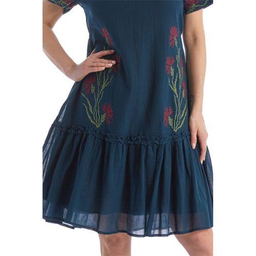 Kısa Kol Petrol Bağcıklı V Yaka Nakışlı Yazlık Vual Kısa Elbise