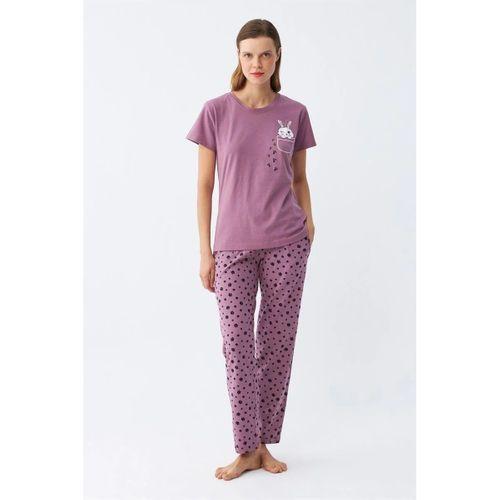 Kadın Mor Patili Tavşan Baskılı Cepli Pijama Takımı