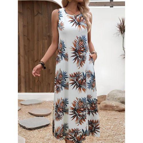 Kadın Askılı Yuvarlak Yaka Cepli Desenli Süprem Elbise