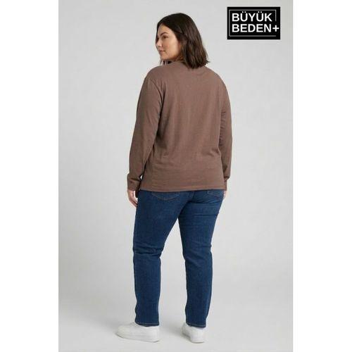 Kadın Büyük Beden Uzun Kollu 2 İplik Bisiklet Yaka Tişört