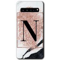 Potkal Hediye Fabrikası Samsung Galaxy S10 Plus Kılıf HD Desen Baskılı Arka Kapak - Pembe Mermer Desenli N Harfi