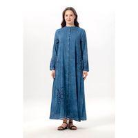 Uzun Kol Nuray Düğmeli Yuvarlak Yaka Çift Cepli Poplin Ferace İndigo indg