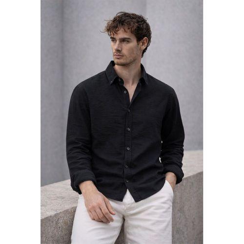 Pera Kumaş Keten Görünümlü Yarım Oversize Uzun kollu Erkek Gömlek - Siyah