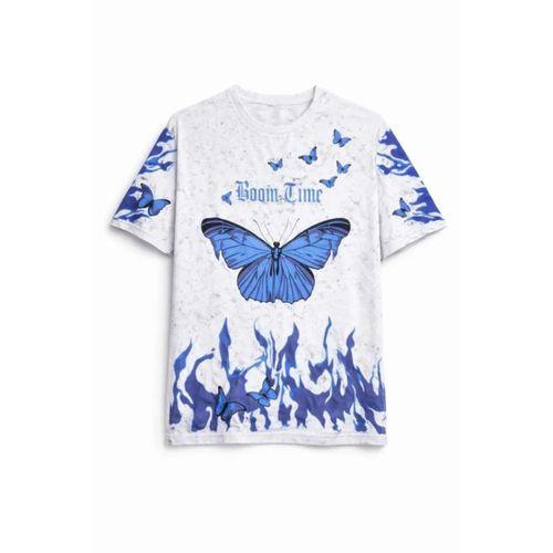 Asit Yıkamalı Oversize Tişört Mavi Kelebek Baskılı Dijital Print Bisiklet Yaka Streetwear T-Shirt - Beyaz
