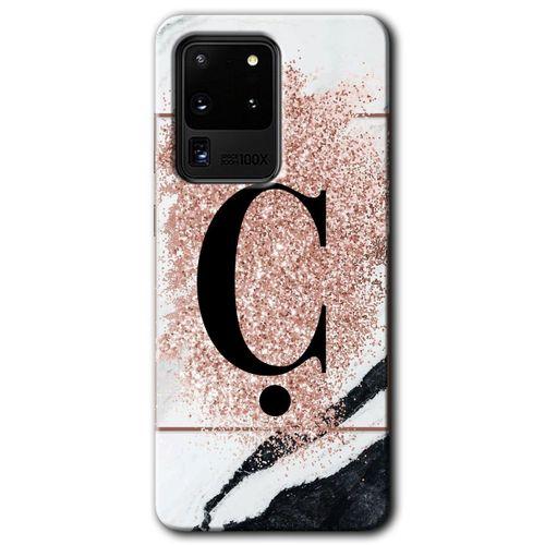 MRCİLETİSİM MRCİLETİSİM Samsung Galaxy S20 Ultra Kılıf HD Desen Baskılı Arka Kapak + Temperli Cam - Pembe Mermer Ç Harfi