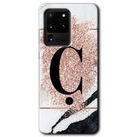 MRCİLETİSİM MRCİLETİSİM Samsung Galaxy S20 Ultra Kılıf HD Desen Baskılı Arka Kapak + Temperli Cam - Pembe Mermer Ç Harfi