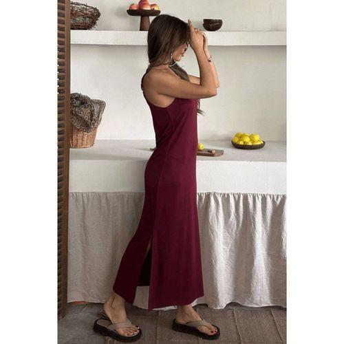 Kadın Siyah Asansör Askılı Çift Yırtmaçlı Helen Elbise