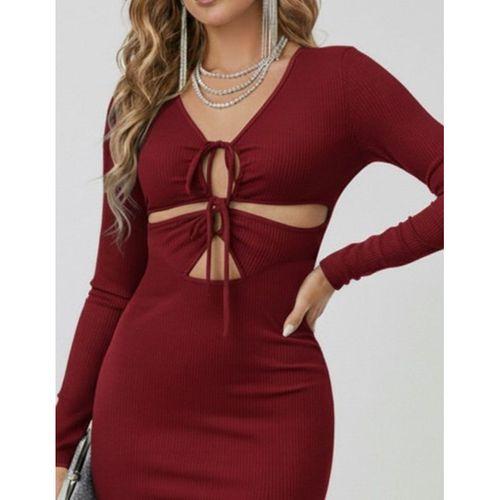 Kadın Uzun Kollu Göğüs Ve Göbek Dekolte Detay Sandy Midi Boy Elbise