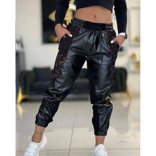 Kadın Yüksek Bel Lastikli Yanda Dantel Detaylı Bağcıklı Deri Pantolon