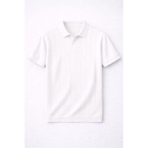 Elatus Çizgili V Yaka İnce Triko Relaxed Fit Polo Yaka Erkek T-Shirt - Ekru