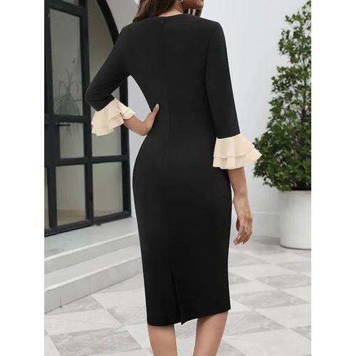 Kadın Truvakar Kollu Fiyonk Yakalı Midi Ithal Krep Elbise