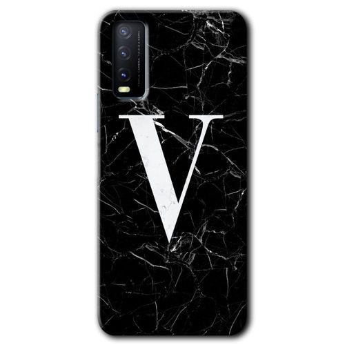 Vivo Y11s HD Baskılı Kılıf + 9D Tam Ekran Koruyucu - Siyah Mermer Desenli V Harfi