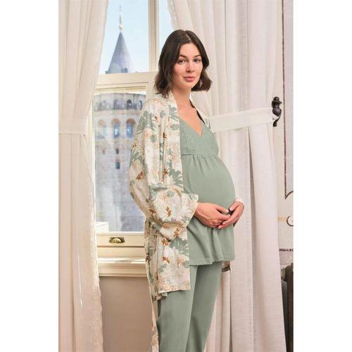 Çiçek Ve Yaprak Desenli Dantelli Hamile Lohusa 3'lü Pijama Takımı