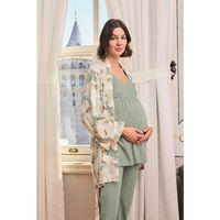 Çiçek Ve Yaprak Desenli Dantelli Hamile Lohusa 3'lü Pijama Takımı