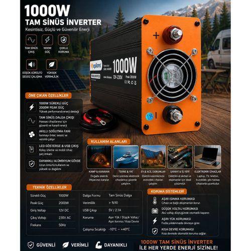 1000w Tam Sinüs İnverter 12v Ac Çevirici | Sessiz Fanlı, Usb Çıkışlı, Araç Karavan Tekne Solar Uyumlu Güç İnverteri