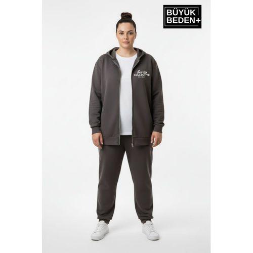Kadın Büyük Beden Fermuarlı Kapüşonlu Unified Baskılı Sweatshirt Hırka SPR26BHRK924