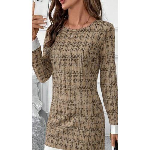 Kadın Uzun Kollu Yuvarlak Yaka Etek Ucu şerit Detaylı Mini Dokuma Elbise