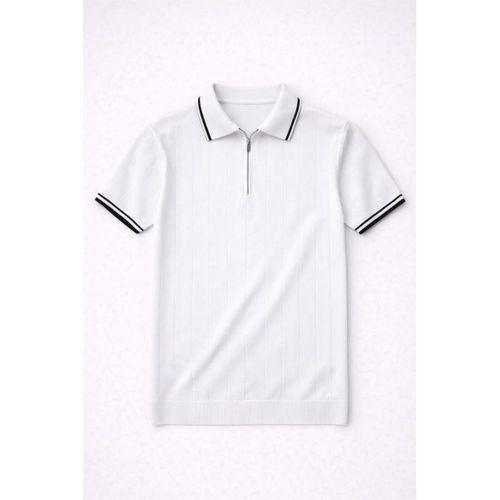 Jared Yakası Şeritli Dik Çizgili Yarım Fermuar İnce Triko Erkek T-Shirt - Beyaz