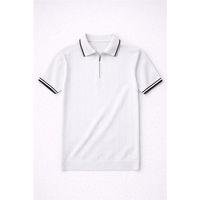 Jared Yakası Şeritli Dik Çizgili Yarım Fermuar İnce Triko Erkek T-Shirt - Beyaz