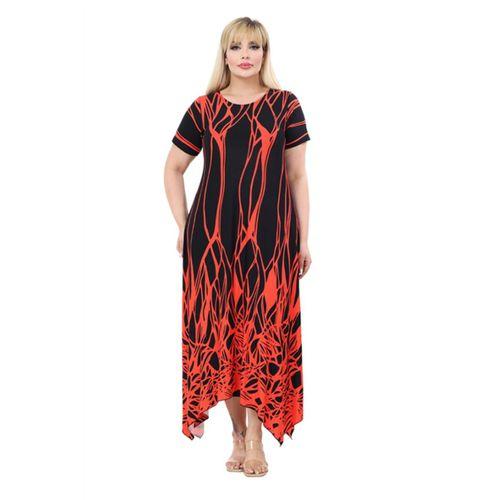 Melsay Butik Kısa Kollu Asimetrik Kesim Kırmızı Dalgalı Reflektör Desen Büyük Beden Elbise