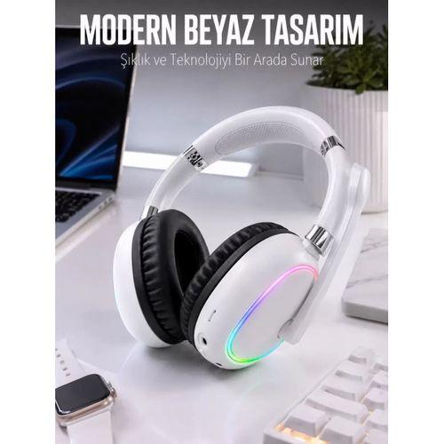 Kablosuz Bluetooth Mikrofonlu Beyaz Kulaklık Rgb Işıklı