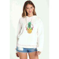 Ananas Retro Gözlük Baskılı Beyaz Kadın Kapşonlu Sweatshirt