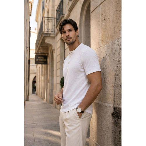 Edgar Regular Fit 3 Düğmeli Pat Flamlı Suprem Kumaş Pis Yaka Erkek T-Shirt - Beyaz