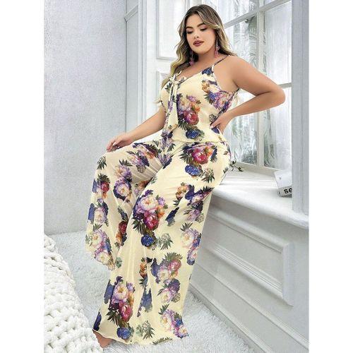 Özel Tasarım Büyük Beden Çiçek Desenli İnce Askılı 2'li Pijama Takımı