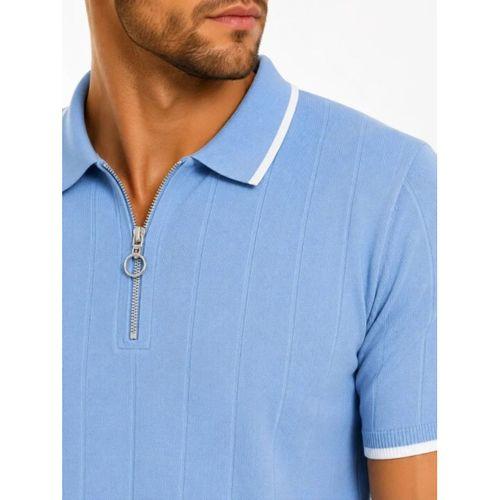Erkek Fitilli Triko T-shirt Polo Yaka Yarım Fermuarlı Kısa Kollu Tişört - Açık Mavi