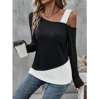 Kadın Tek Omuzu Açık Askılı çift Renkli Uzun Kollu Viskon Bluz