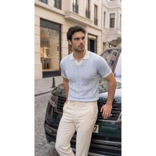 Erkek Örgü Desen Yakalı Kısa Kollu Triko Tişört - %100 Pamuk Akrilik