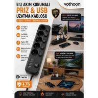 Akım Korumalı 5’li Priz 2xusb 2xtype-c Çıkış Akım Koruma Çoklu Priz Çoğaltıcı Anahtarlı Ftr-31 Siyah