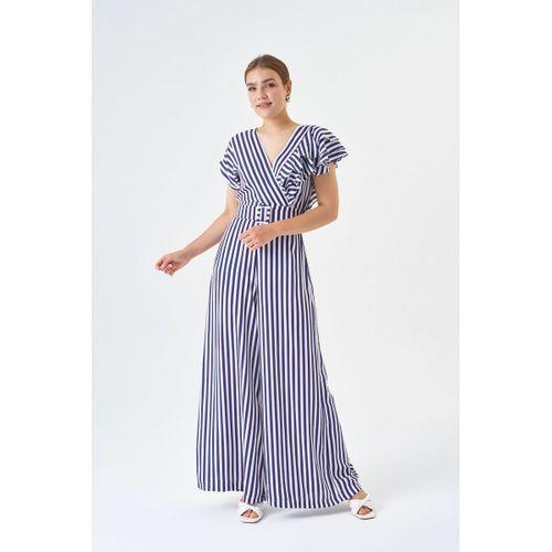 Fırfır Detaylı Bluz Ve Bol paça Pantolon Çizgili Kemerli Tulum