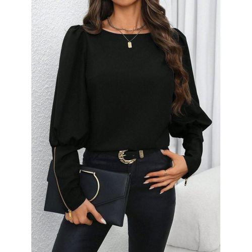 Kadın Uzun Kollu Bisiklet Yaka Fermuar Detaylı Ithal Krep Bluz