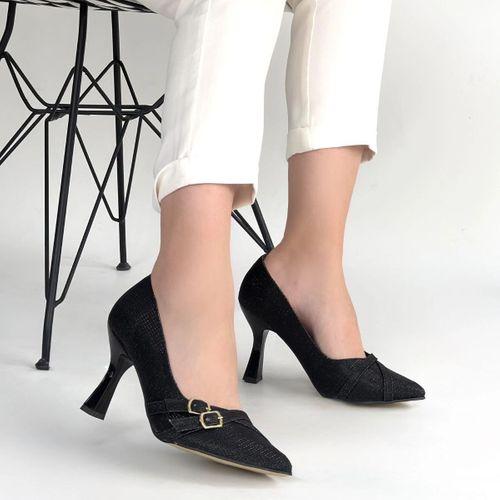 Wenda Siyah Simli Cilt Topuklu Ayakkabı