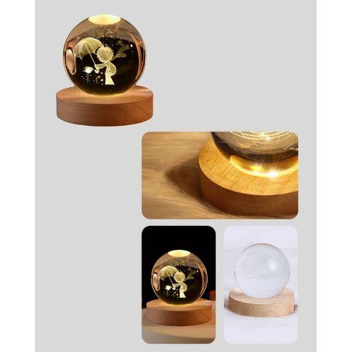 Led Aydınlatmalı 3d Küçük Prens Kristal Küre Ahşap Standlı Masa Gece Lambası