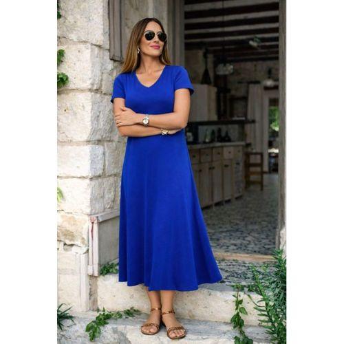 Kadın Kısa Kollu V Yakalı Yırtmaçlı Midi Viskon Elbise