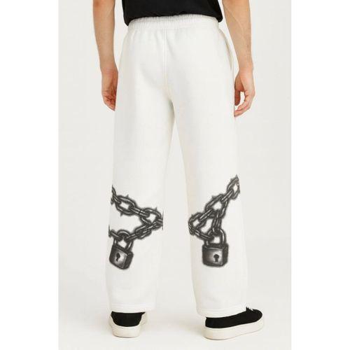 Erkek Üç İplik Pamuklu Baskılı Cepli Jogger Buggy Pantalon Oversize Kalıp - Beyaz