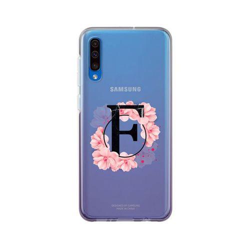 Samsung A30s Pembe Çiçek Desen F Harfli Şeffaf Kılıf