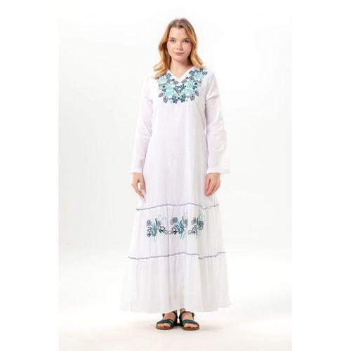 Uzun Kol Venedik Nakışlı Şile Bezi Otantik Uzun Elbise Beyaz Byz